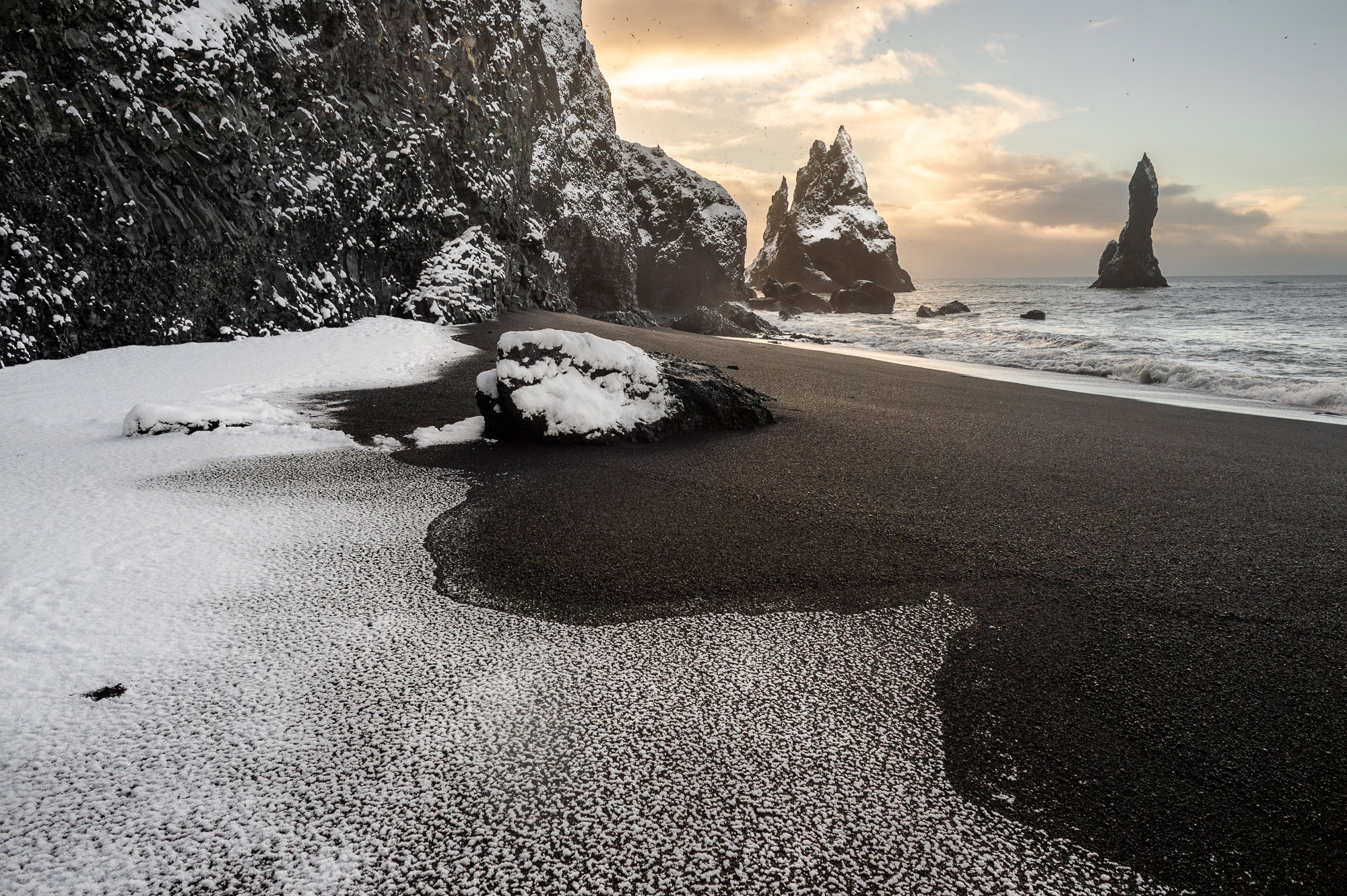 Reynisfjara Beach and the Reynisdrangar trolls in winter
